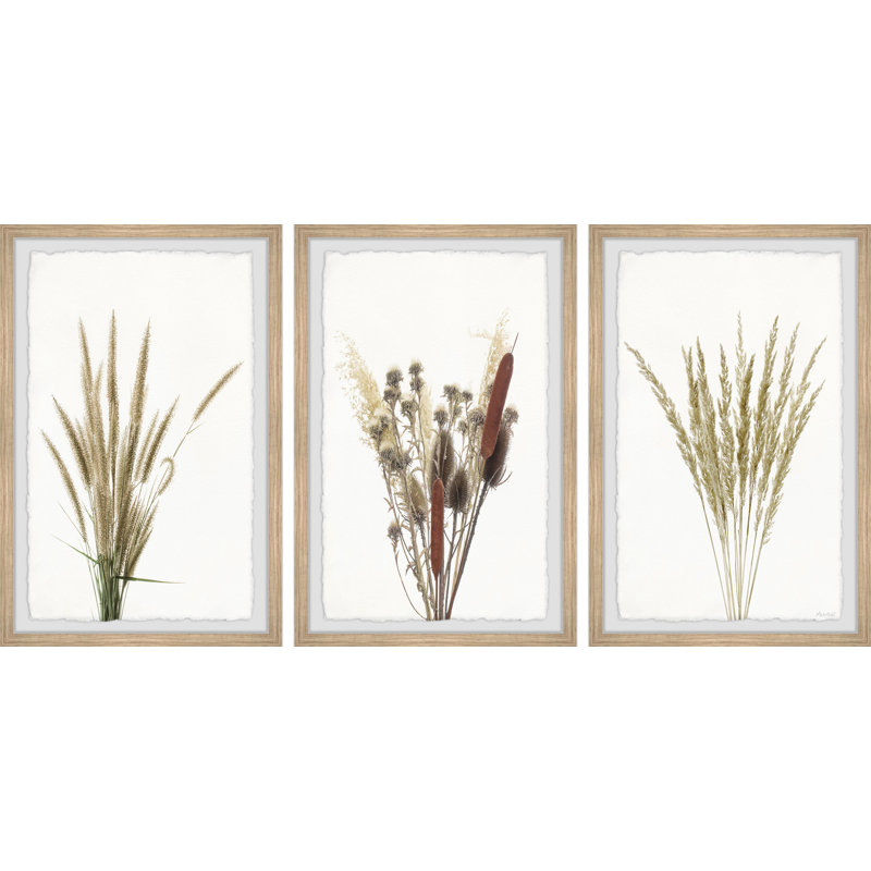 Graminées et fleurs triptyque, H 18 po x l 12 po