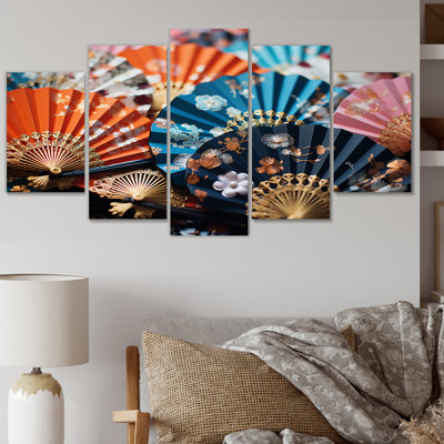 Japon Art Kimonos And Fans IV - Art mural japonais sur toile - 5 panneaux