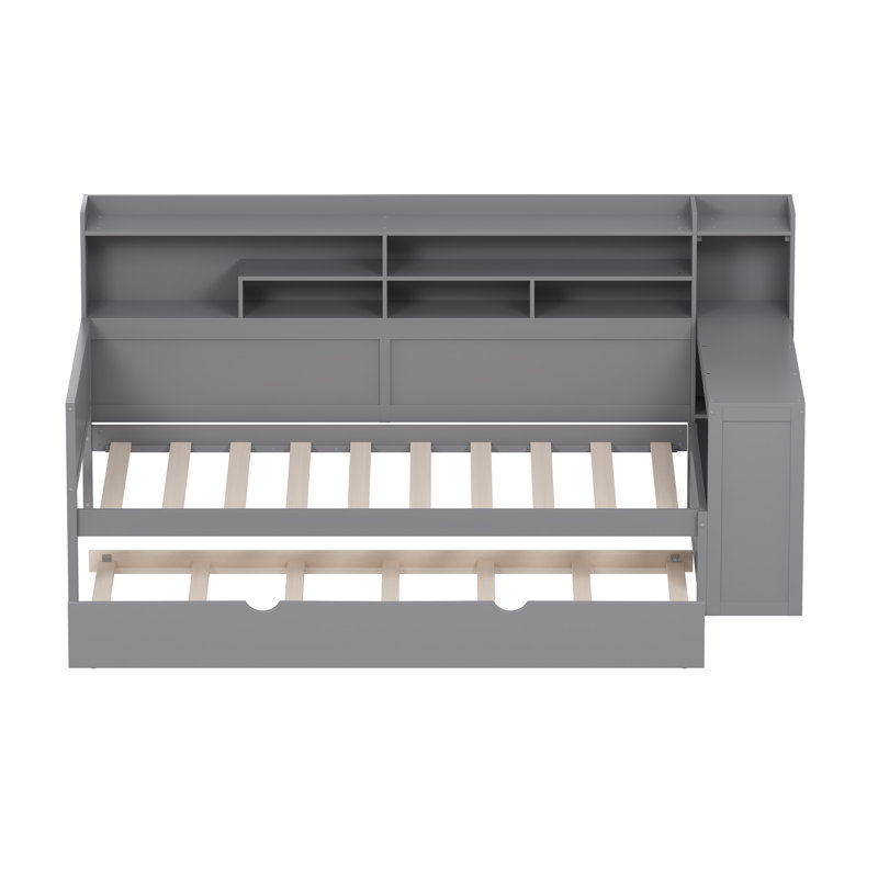 Lit de jour multifonctionnel avec bureau, lit gigogne et bibliothèque, Simple, Gris