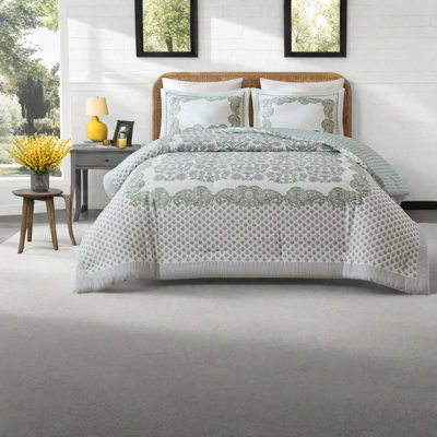 Ensemble de literie Green King, couette réversible à motif floral en coton riche