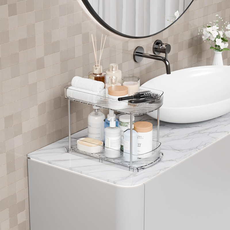 Ensemble de 2 sous-éviers, tiroirs d'armoire profonds de 12,8 po, rangement de salle de bain transparent à 2 niveaux pour les produits de nettoyage, organisateur d'armoires de cuisine sous l'évier