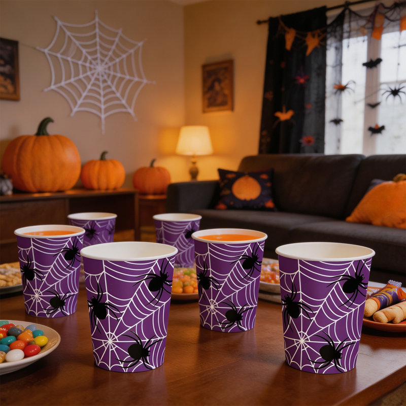 Assiettes et gobelets jetables en papier Purple Web pour Halloween - Fournitures de fête pour les occasions festives