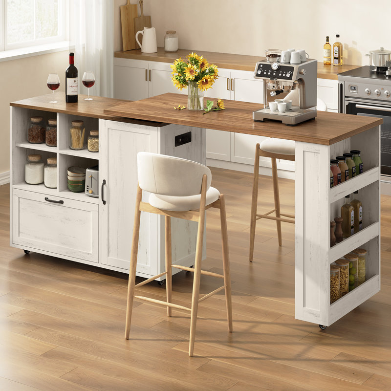 Îlot de cuisine mobile de 183 cm (72 po) avec table pivotante à 360° et prise de courant, style campagnard, avec armoire de rangement et roulettes. Parfait pour la cuisine et la salle à manger. Couleur : blanc rustique.
