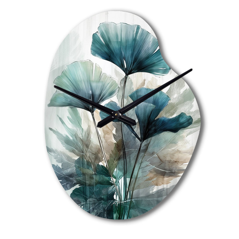 Feuilles de palmier tropicales Ginkgo II - horloges murales asymétriques vertes en métal, horloge murale, Grand