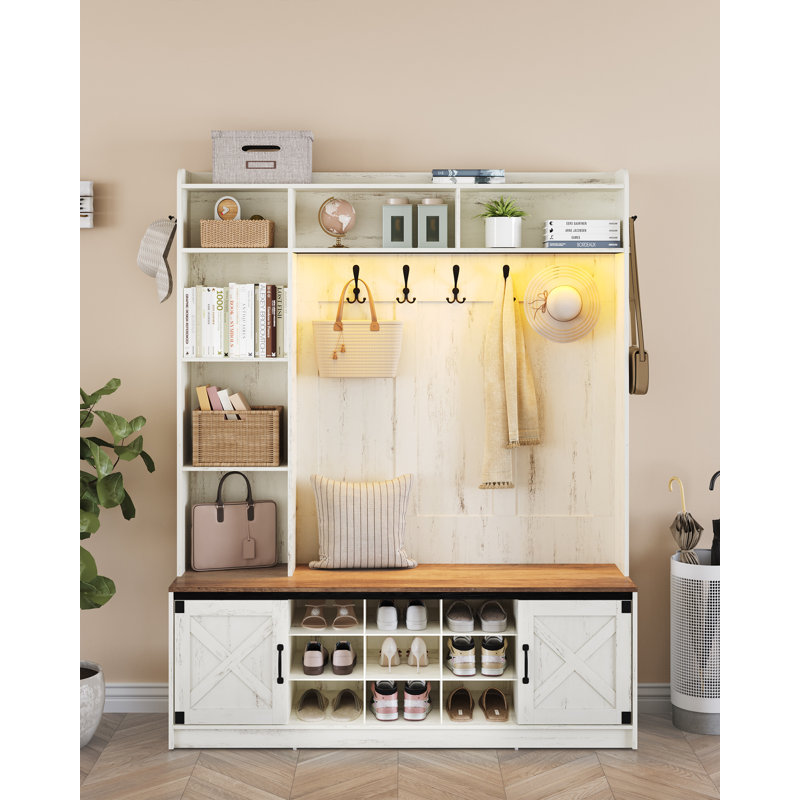 Hall Tree, 6-in-1 Farmhouse Entryway Bench with Shoe Storage Bench & Coat Rack, Entryway Furniture with 15 Cubbies & 5 Tri-Hook, Adjustable Shoe Storage