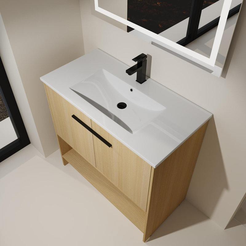 Meuble-lavabo de salle de bain avec lavabo en céramique, Chêne