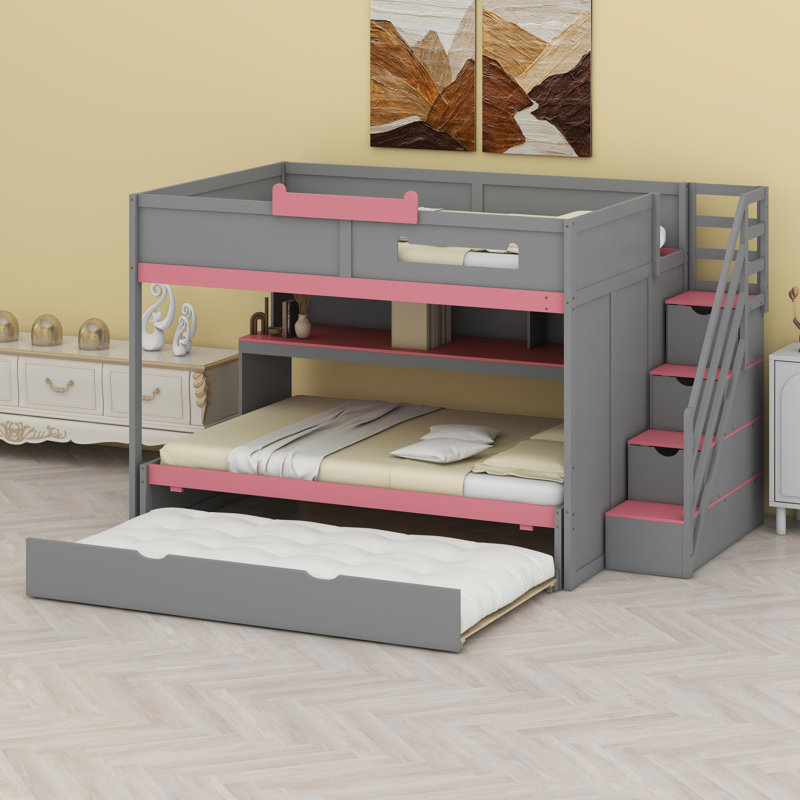 Lit superposé moderne avec lit gigogne coulissant, conception d'escalier, tablettes organisationnelles et décorations à DEL