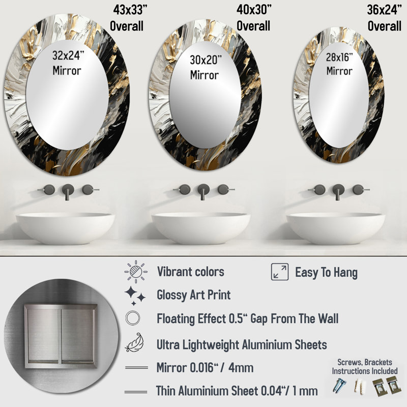 Golden Wave Reflections VI - Miroir mural ovale noir, 40 po x 30 po