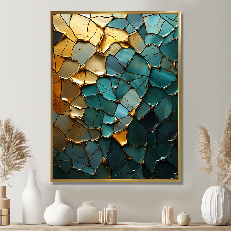 Abstrait bleu sarcelle or calcaire cristallin - marbre, art mural, H 32 po x l 24 po x P 1 po, Toile avec cadre flottant or