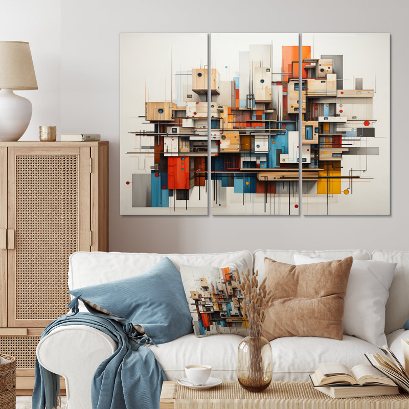 «Cityscape Bluiding Geometric Collage II», 3 impressions sur toile tendue, H 28 po x l 36 po x P 1 po