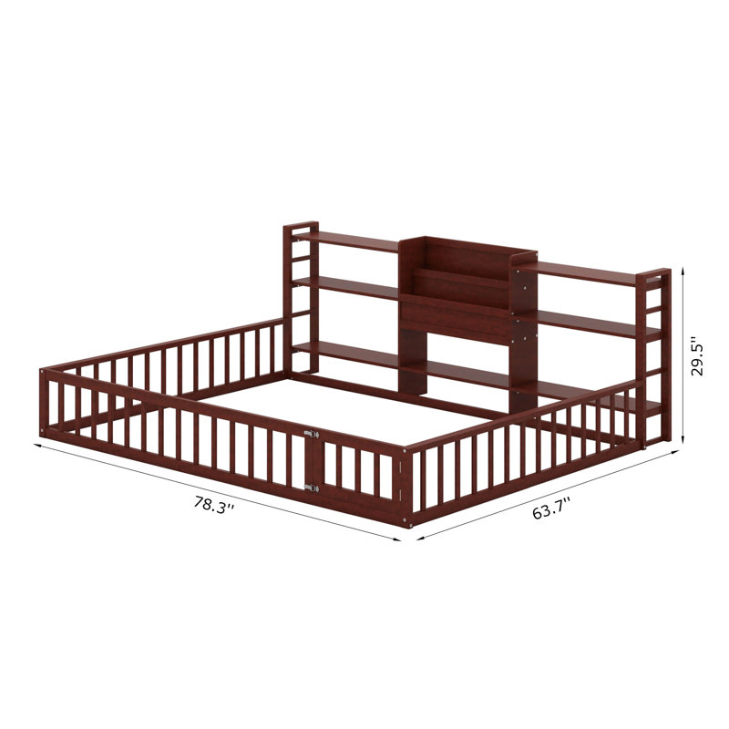 Structure de lit au sol avec bibliothèque et tablettes de rangement à 3 niveaux, lit en bois avec barrière de sécurité et porte