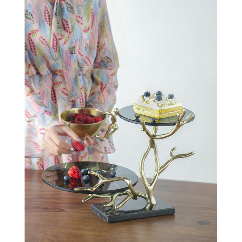 Two-Tier Gold Branch Cake Stand with Black Glass Trays and Granite Base for Display