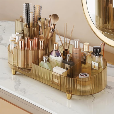 Rotating Makeup Organizer for Vanity Countertop, Amber | Clear Acrylic Cosmetic Display Case, Large Beauty Brush Holder