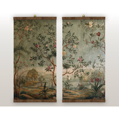 Set of 2 Chinoiserie Wall Tapestries, Vintage Botanical Landscape Canvas Art with Wood Hangers
