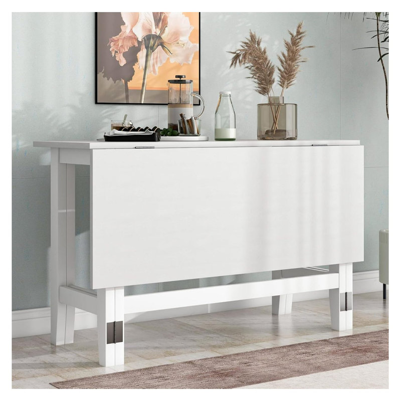 Entryway Console Table with Extendable Drop Leaf - Rustic Farmhouse Style for Small Spaces, White Solid Wood Dining