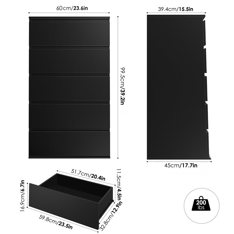 Jeramey 23.6'' W 5 - Drawer Wood Dresser, Black