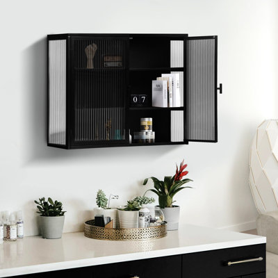 Elegant Three Storage Cabinet With Black Doors, For Living Room, Bathroom, Dining Entryway Detachable Shelves And Storage,