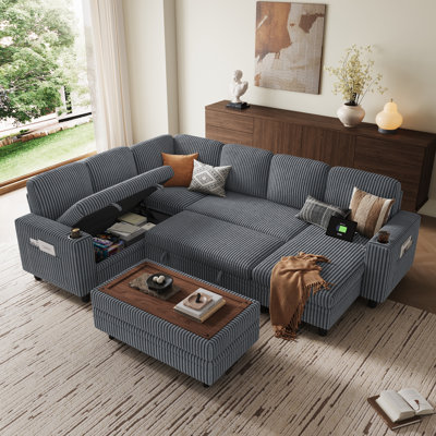 Sherry 106" Upholstered Modular Sectional with Sotrage Ottoman & USB Charging