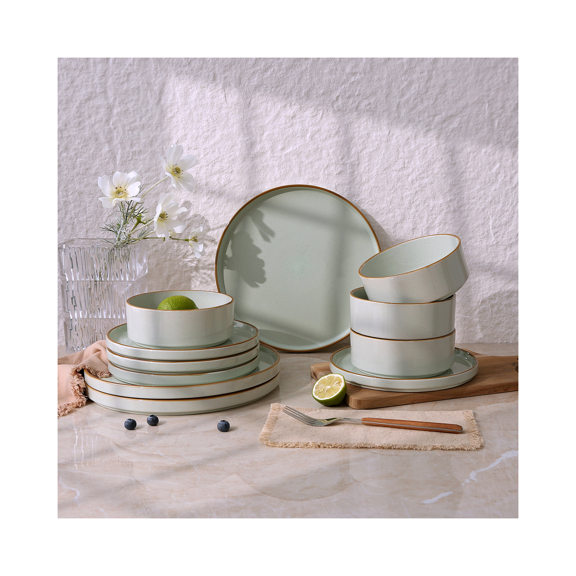  Nebula Plates And Bowls Sets, 12 Piece Dinnerware Sets, Light Green with Brown Rim