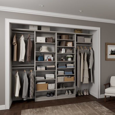 Grey Oak 90" Floor-Mounted Single Wall Closet System with 4 Sections, 3 Clothing Rods & 17 Shelves