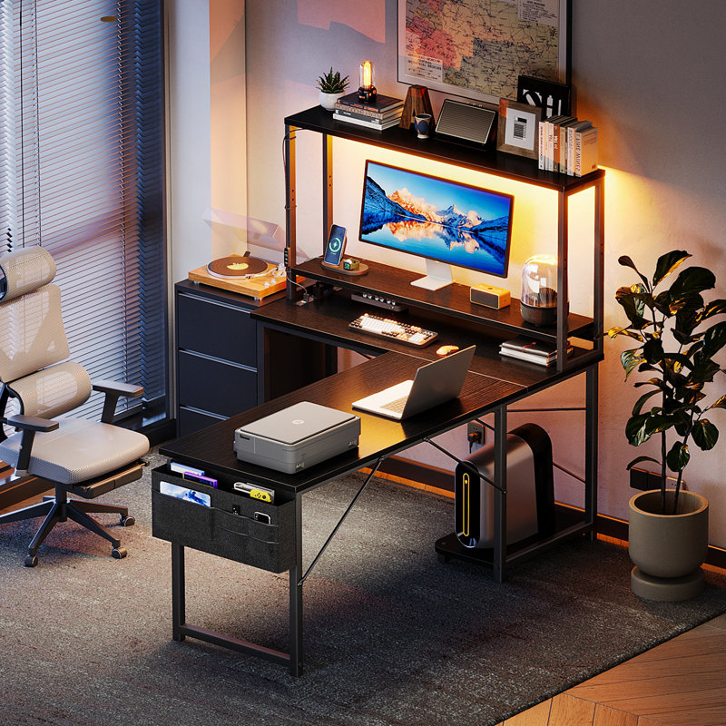 Bureau en forme de L sans boîte de réception avec lumières DEL et prises de courant, Noir, H 58,3 po x l 53,1 po x P 39,4 po