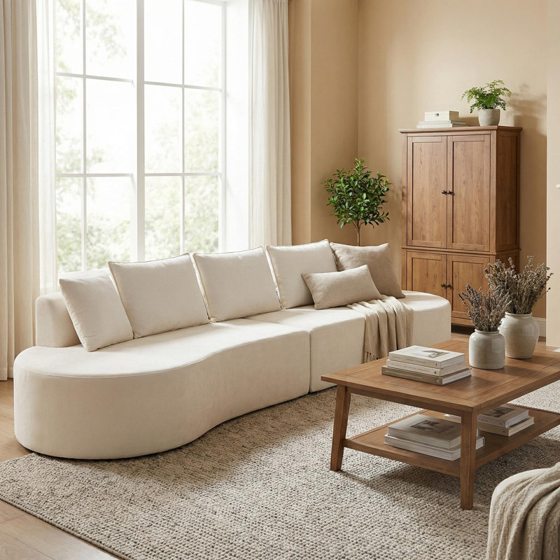 Canapé modulaire courbé avec coussins, Polyester beige