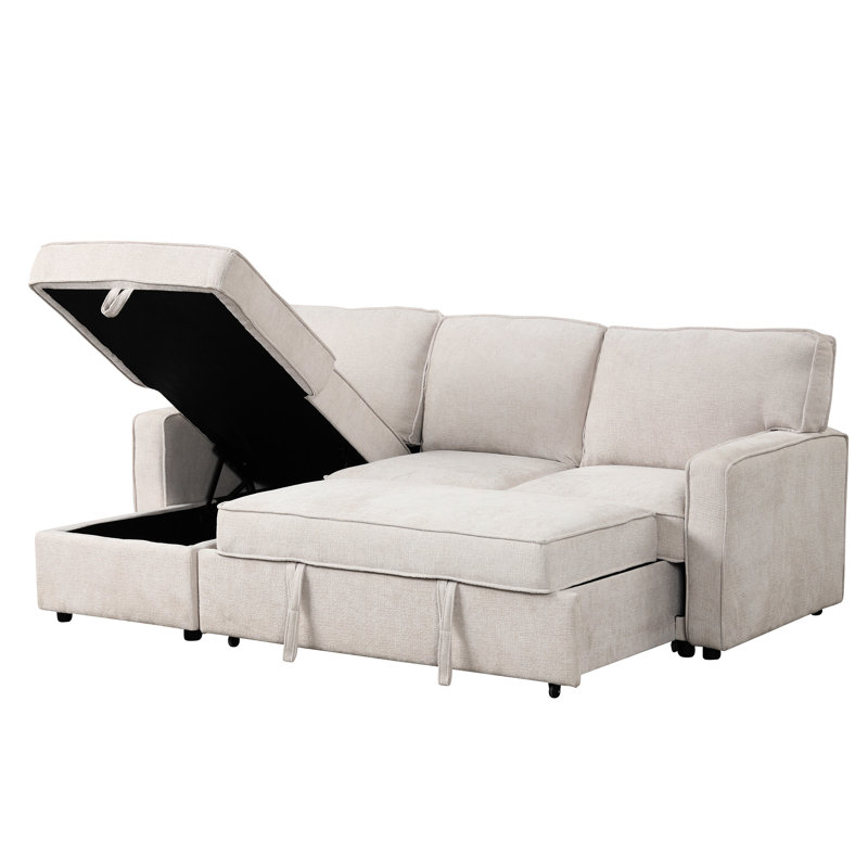L-Shaped Sleeper With Storage And , Beige Magnetism Sectional Ample Socket, Beige