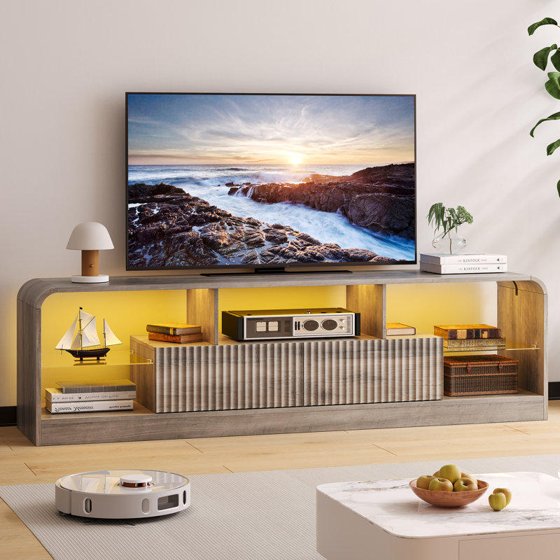 Meuble télé l 63 po avec station de charge et lumière DEL, console multimédia côtière avec 2 tiroirs, Gris