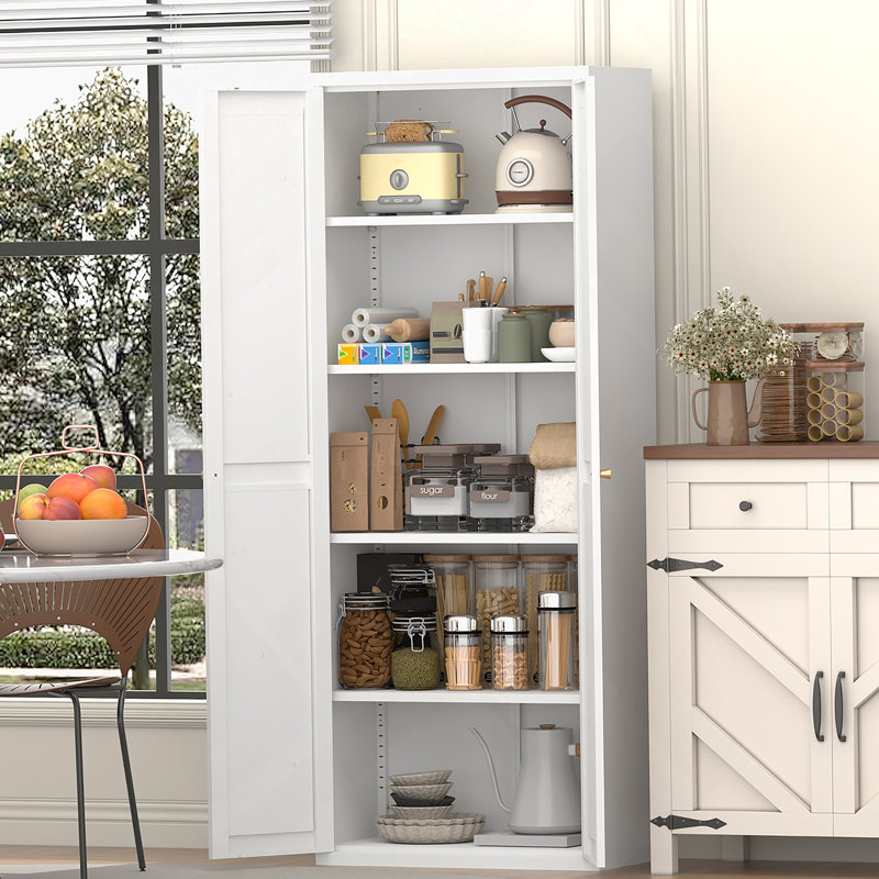 Metal Sideboard, Storage Cabinet, Kitchen Pantry Cabinet With Adjustable Shelves For Kitchen, White