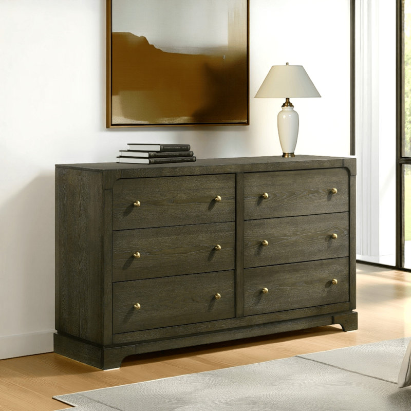 Commode large Seon, 6 tiroirs avec boutons en laiton, bois brun cacao foncé