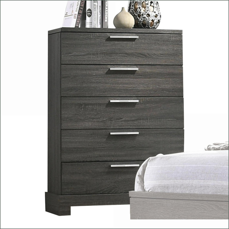 Commode, finition chêne gris moderne avec 5 tiroirs | Gris | Bois synthétique