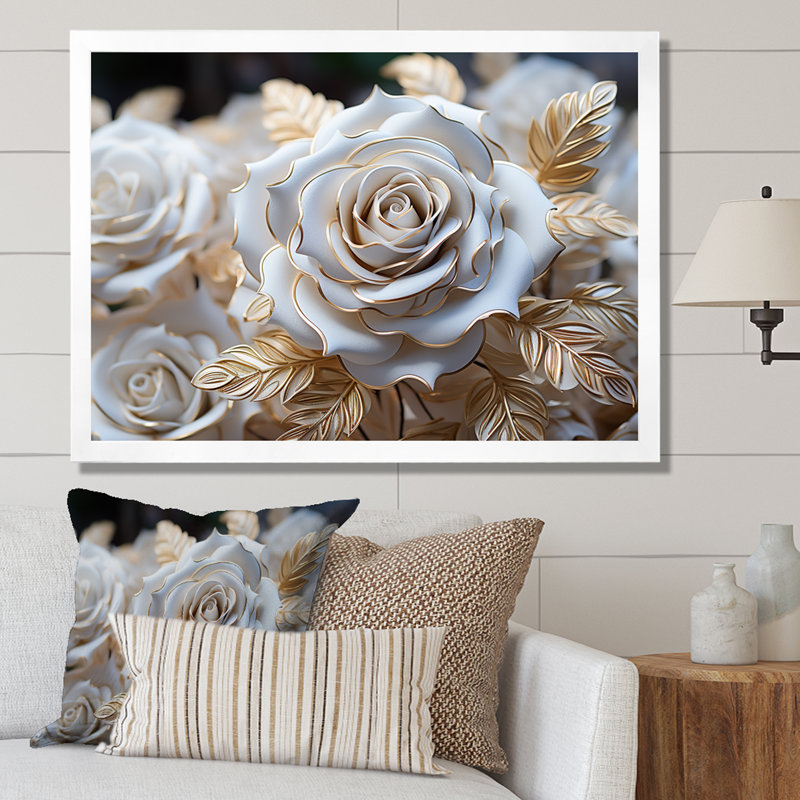 «White and Gold Rose Passion - Roses», reproduction sur toile encadrée, Cadre simple blanc, H 34 po x l 44 po x P 1,5 po