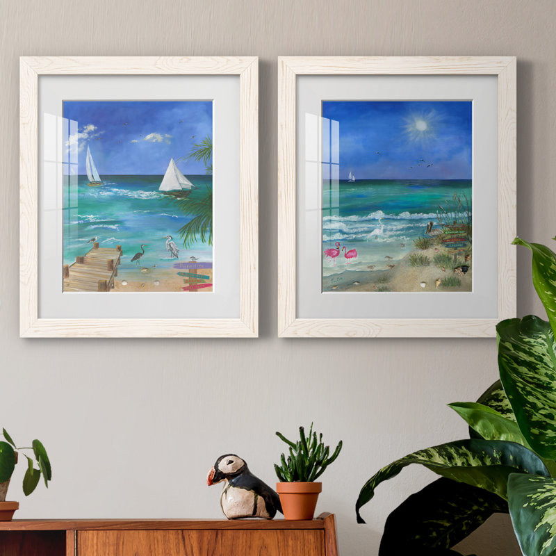 Plaisir amusant plage I - 2 pièces, reproduction d'art, H 24 po x l 36 po x P 1,5 po, Papier encadré blanc, Blanc