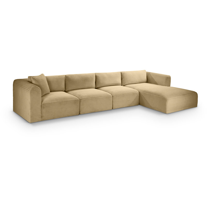 Canapé modulaire en L Carmean Performance, Velours côtelé texturé Camel, 2 accoudoirs, 1 méridienne, 1 coin