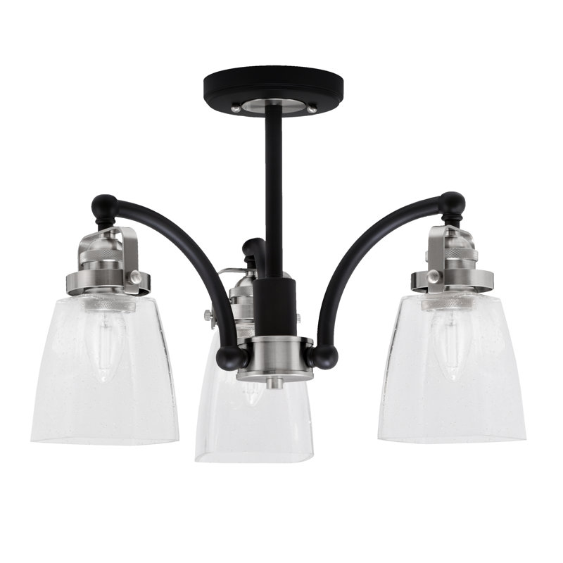 Easton 3 Light Semi-Flush With 4.5" Square Clear Bubble Glass, Matte Black/Brass
