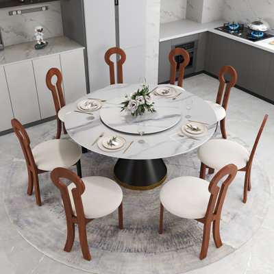 Table de salle à manger moderne à 8 sièges en pierre frittée avec plateau rotatif, chaises de salle à manger modernes en forme de clé