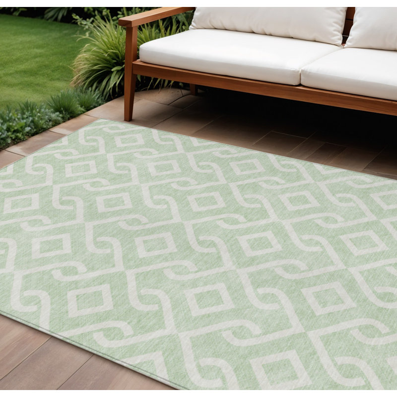 Tapis intérieur / extérieur géométrique lavable vert menthe et ivoire 10 pi x 14 pi