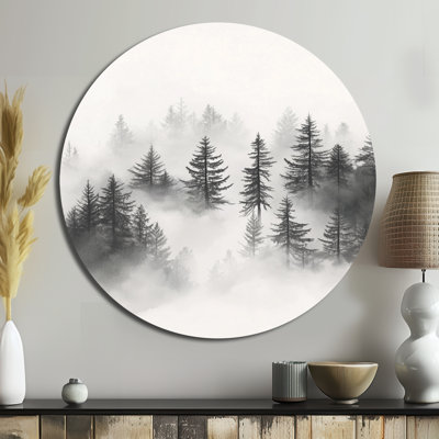 Monochrome Forest Grey And White Foggy Pines - Landscapes Round Metal Wall Decor