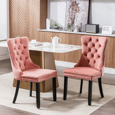 Chaise de salle à manger capitonnée en velours de bois massif avec pieds en bois et garniture cloutée 2 pièces