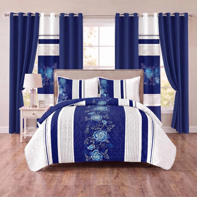 Ensemble de 9 pièces comprenant un couvre-lit et des rideaux matelassés à motifs floraux bleu marine, avec 6 panneaux indépendants filtrant la lumière.