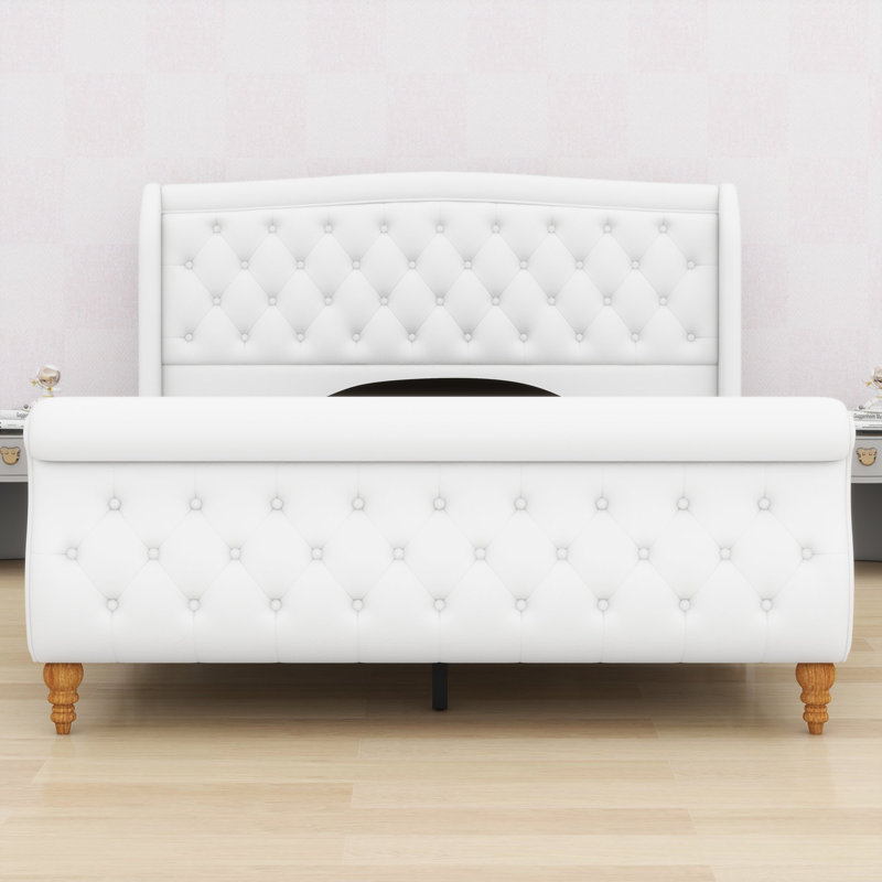 Base de lit plateforme avec tête de lit capitonnée à oreilles et pied de lit-bateau, Grand lit, Beige