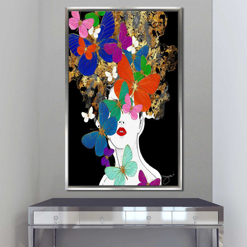 «Butterfly Girl (Vertical)» par Jodi - impression, Cadre flottant argent, H 51,5 po x l 31,5 po x P 2 po