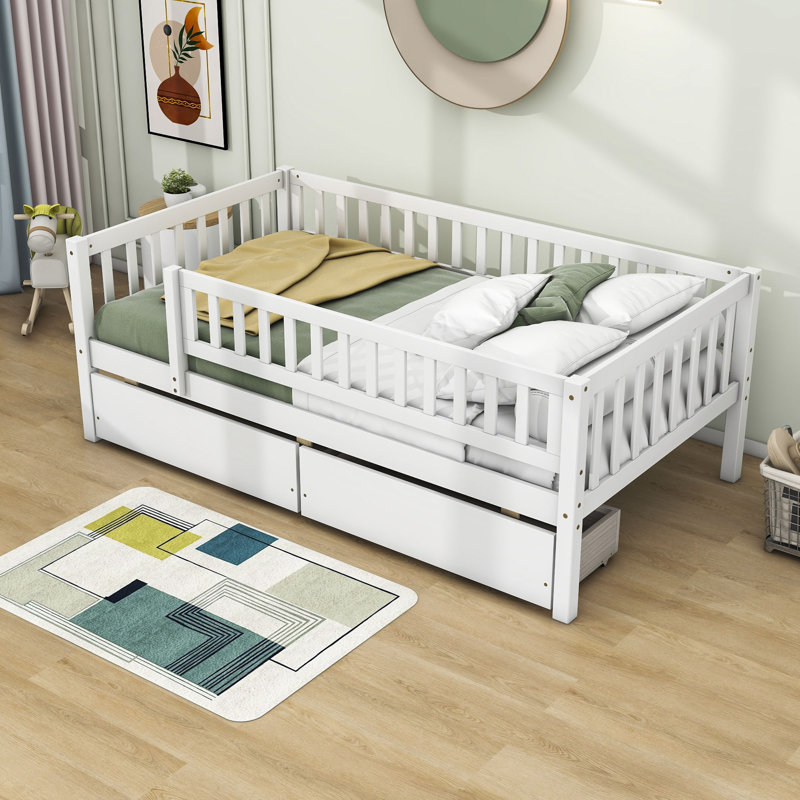 Wood Daybed with Two Drawers and Slats, White, Twin