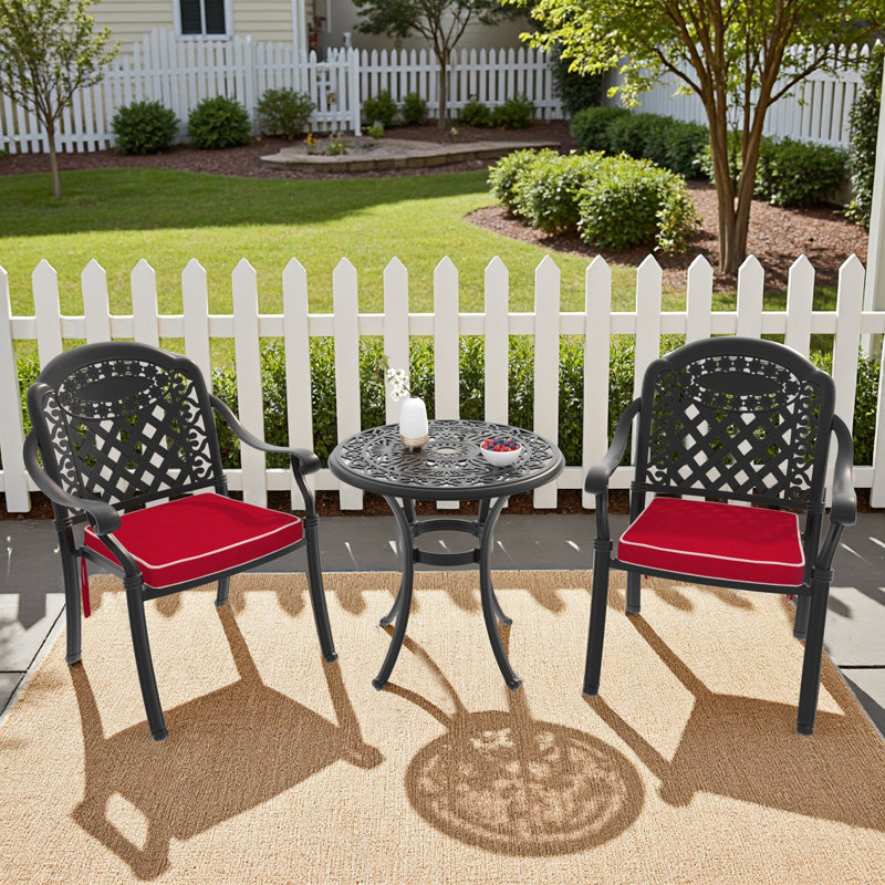 3-Piece Bistro Dining Set, 26.77" Round Table with Umbrella Hole & 2 Stackable Chairs with Red Cushions, 2