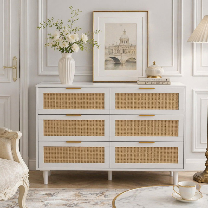 Armoire de rangement en rotin 6 tiroirs, 43.31"W, White