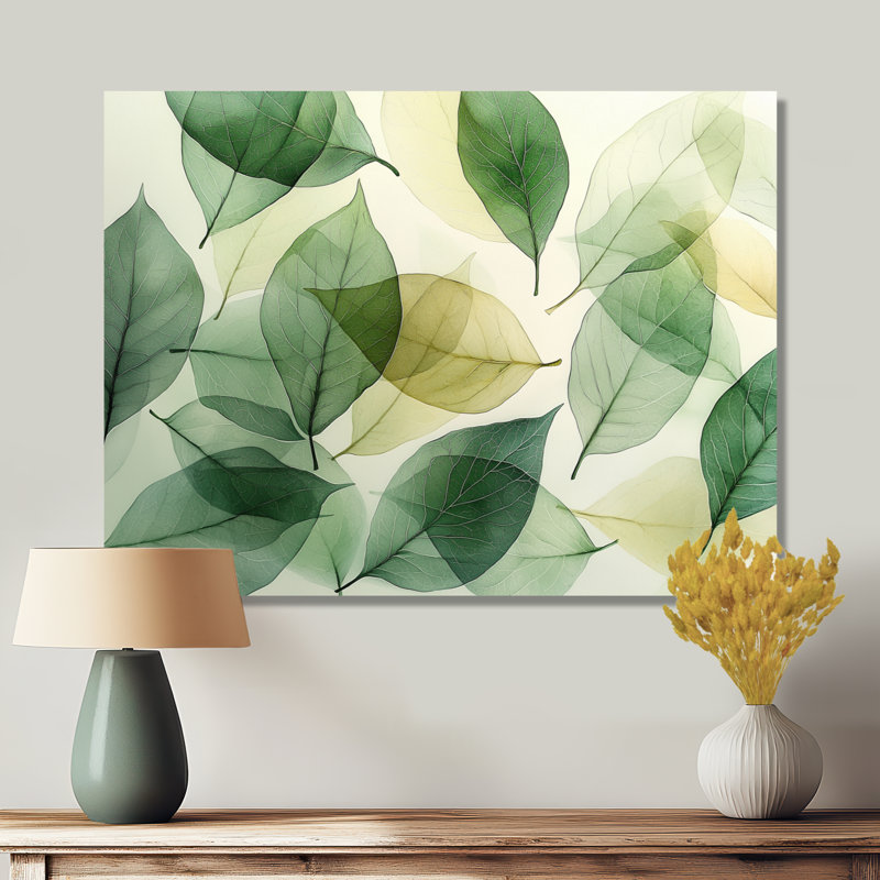 Feuilles transparentes mosaïque nature collage I - impression de feuilles sur métal, H 24 po x l 32 po