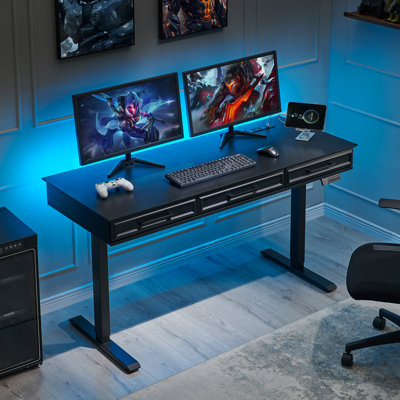 46" Tall Electric Adjustable Height Standing Desk Computer Table with 3-Drawers, Home Office Writing Desk with One-Piece Desktop & Power Outlets