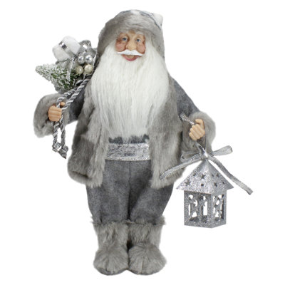 Figurine de père Noël 12 "grise et blanche avec sac et lanterne