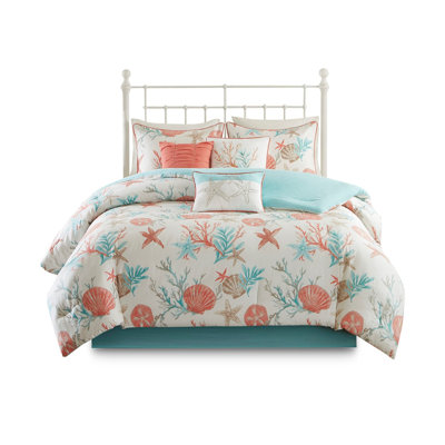 7 Piece Cotton Sateen Comforter Set - Coral Coastal Bedding with Shell & Starfish Print, California King Size - Hypoallergenic & Oeko-Tex Certified