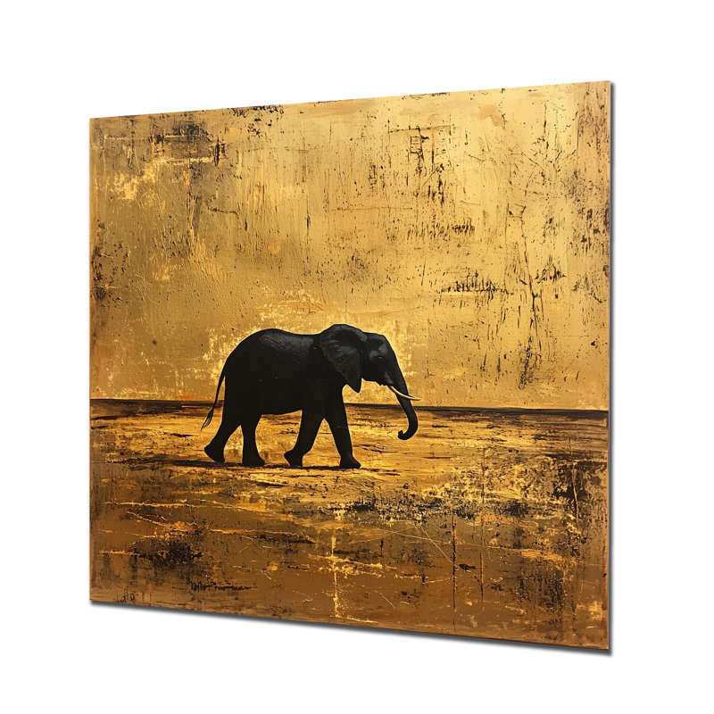 Éléphant doré dans le désert ouvert d'Afrique II - impression d'éléphant sur métal, H 16 po x l 16 po